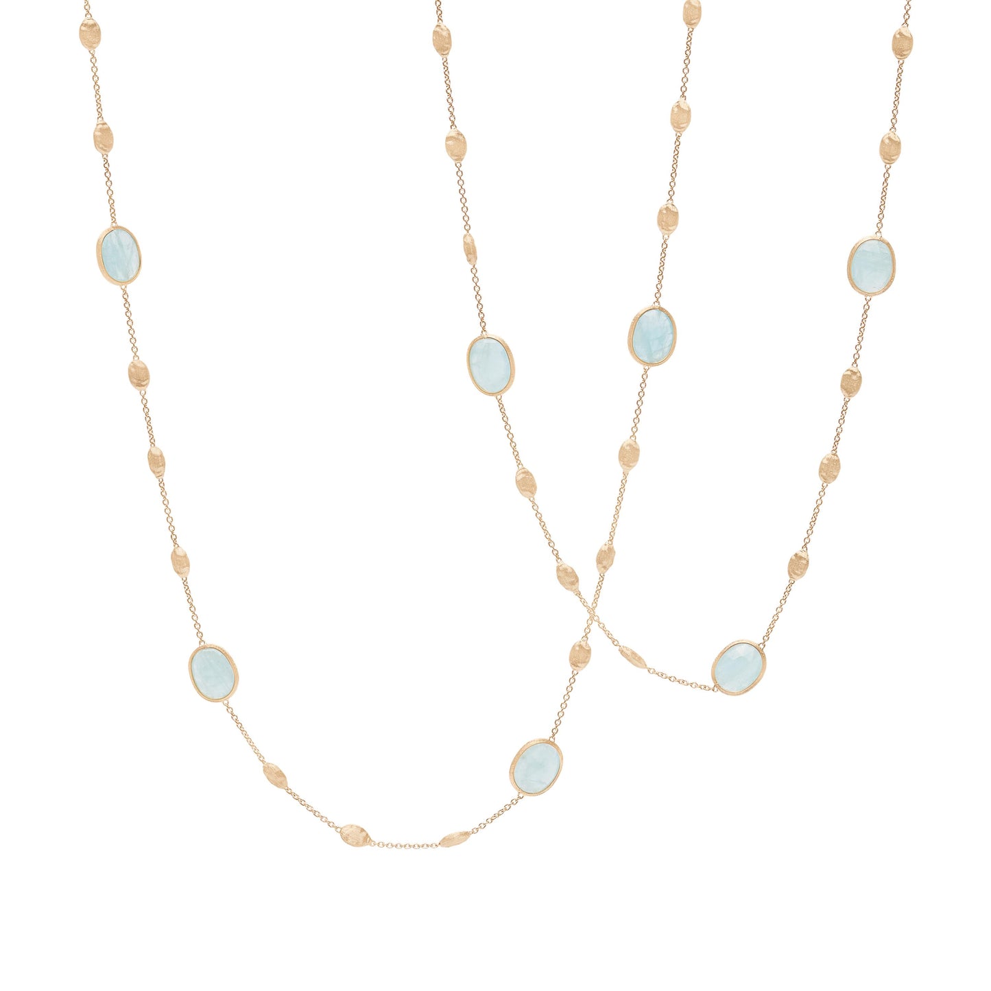 Collana lunga con ovaline piccole, acquemarine e diamanti
